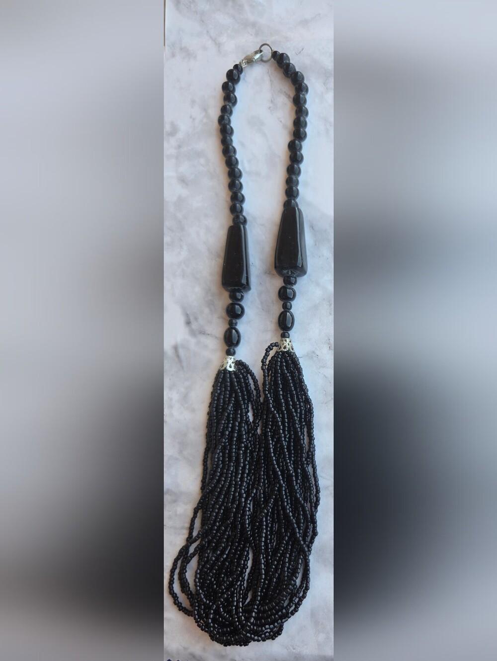 Banana Republic jet black glass beaded double-tassel flapper-style necklace